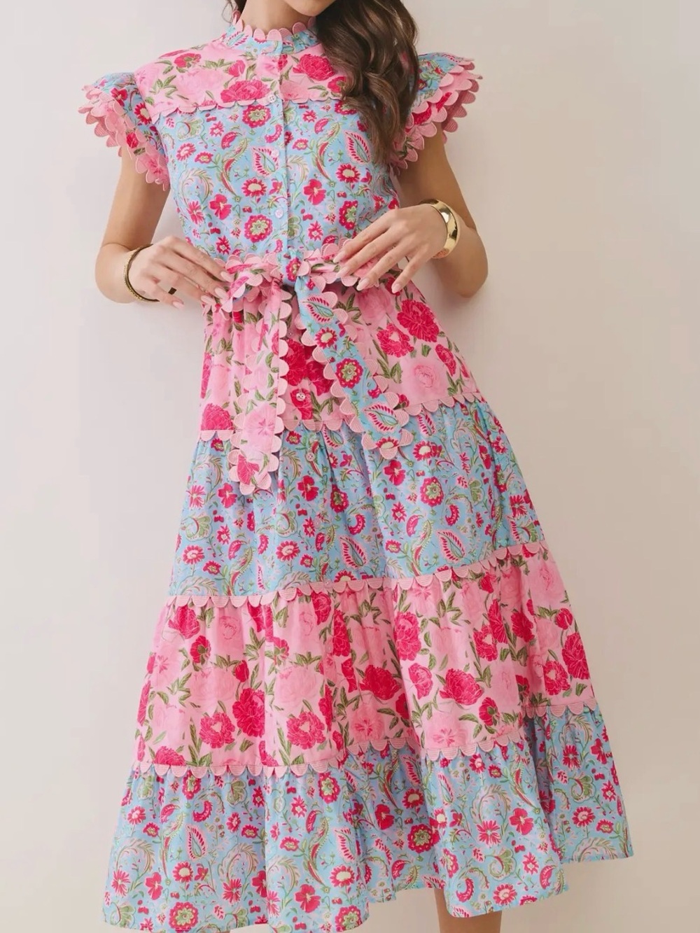 NIB Paisley Floral Cotton Scalloped Belted Summer Day Dress Sz S M L Tuckernuck
